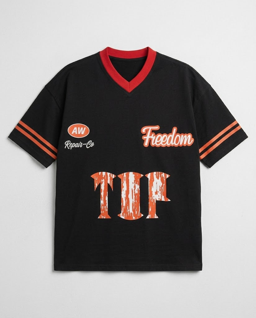 Black V-Neck Oversized T-Shirt with Freedom Graphic