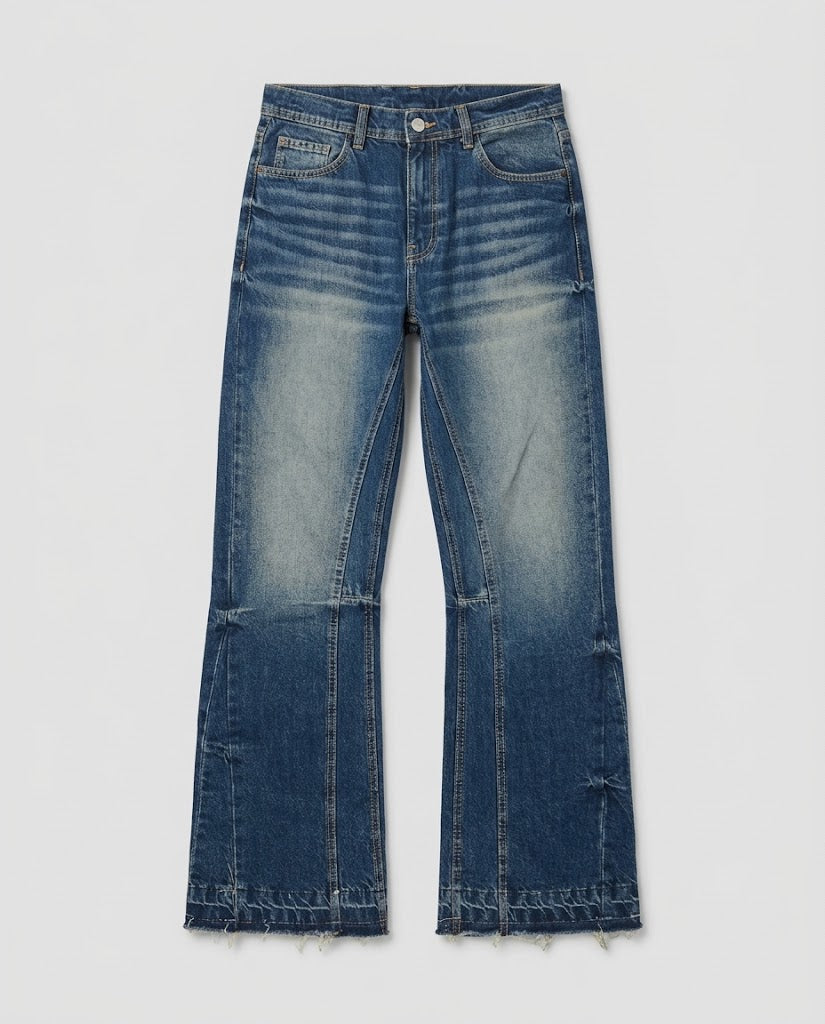 Flare Fit Washed Denim Jeans with Raw Hem Details