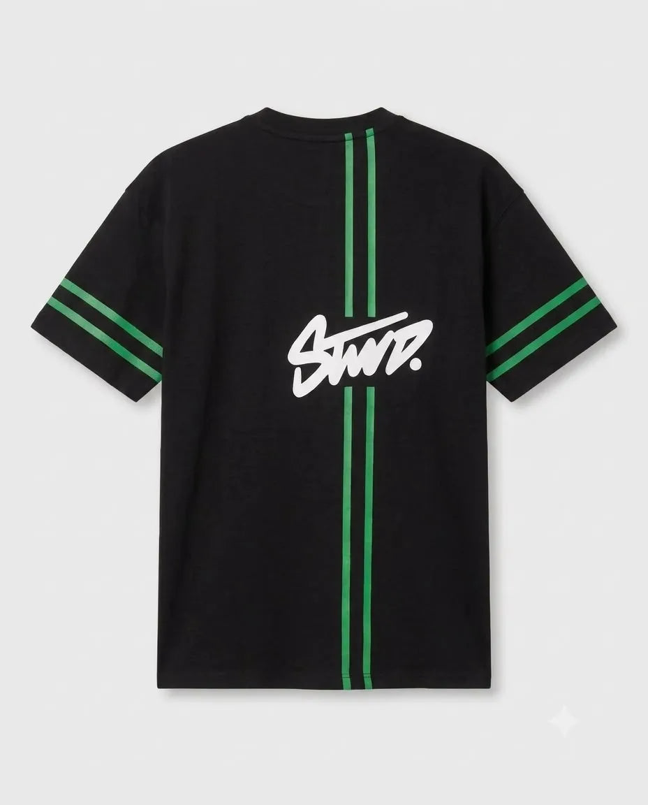 Black STWD Graphic T-Shirt with Green Stripes