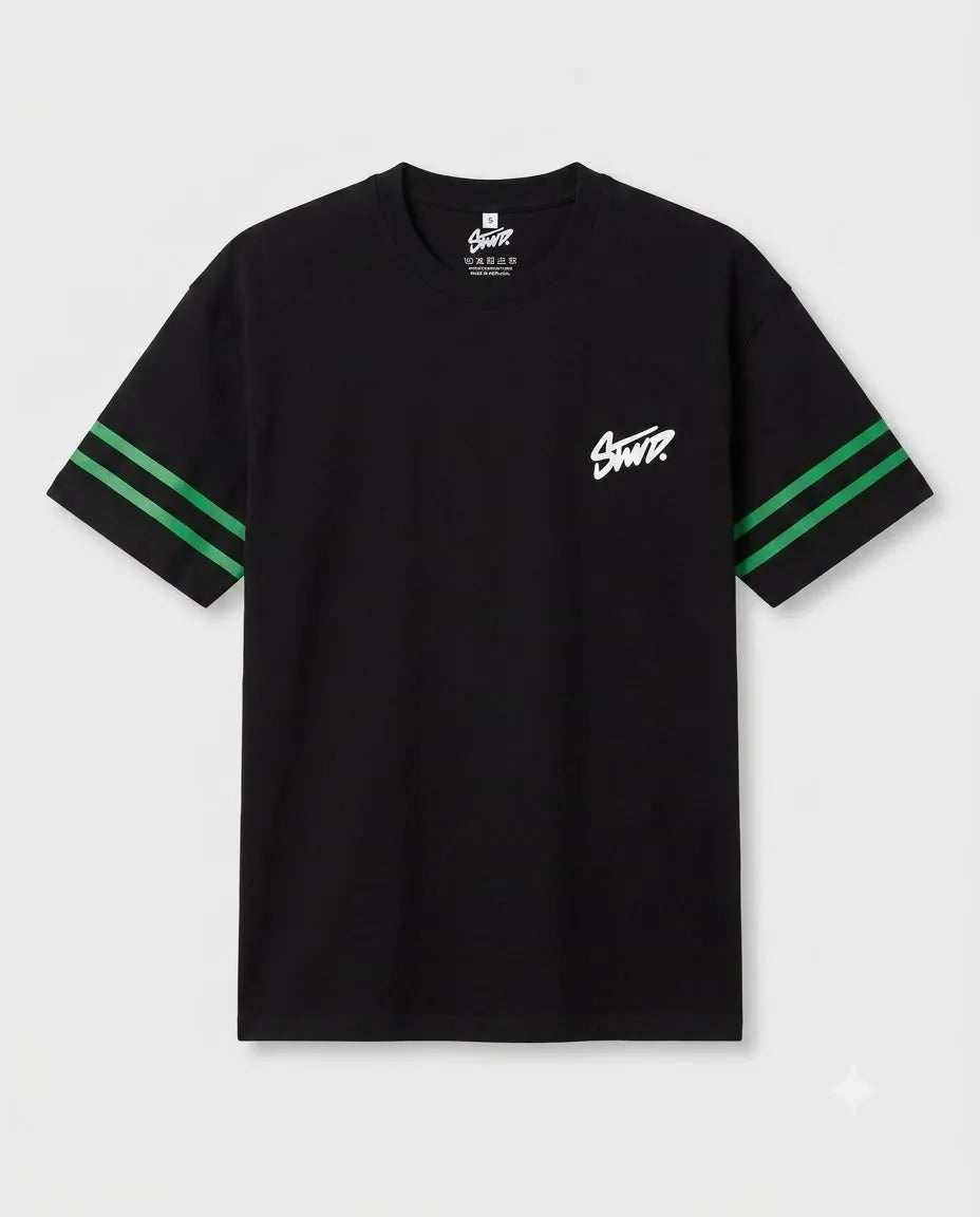 Black STWD Graphic T-Shirt with Green Stripes