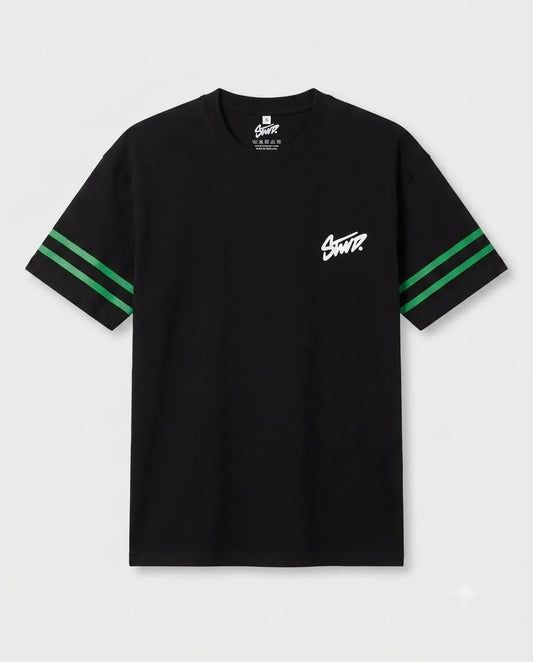 Black STWD Graphic T-Shirt with Green Stripes