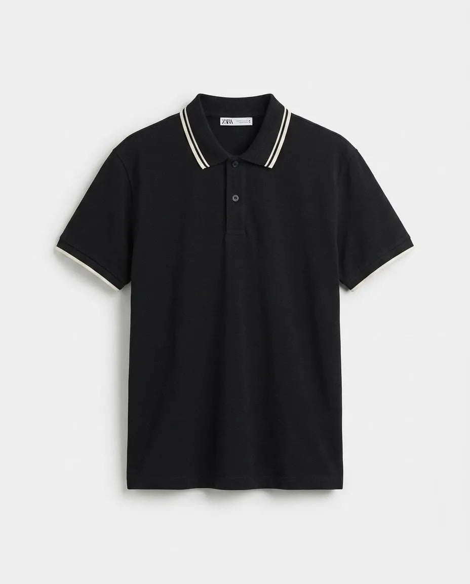 Zara Tipped Collar Black Polo Shirt
