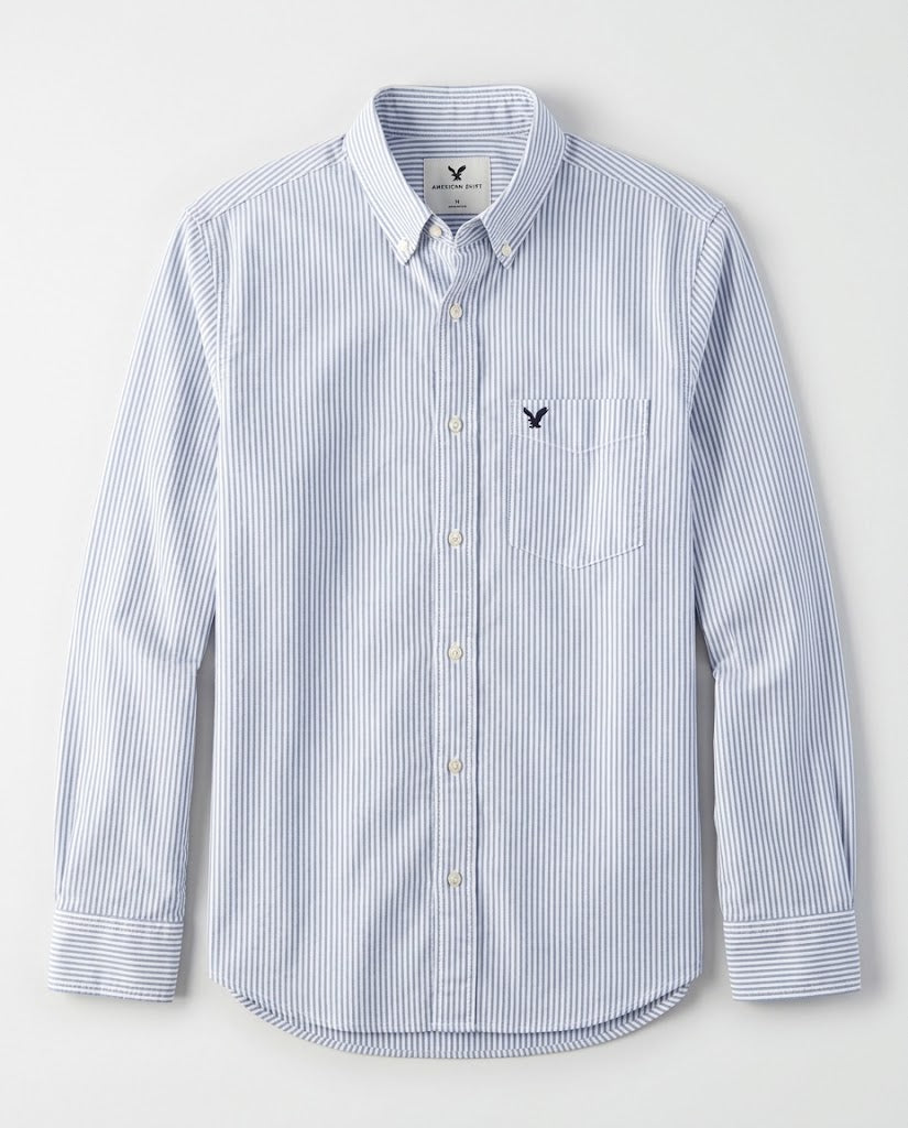 American Eagle Men's Blue & White Striped Long-Sleeve Shirt with Pocket