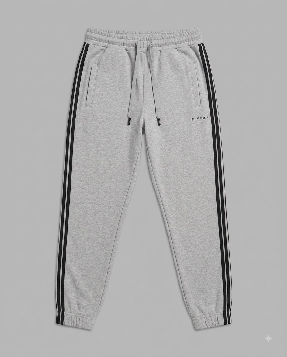 Grey Side-Striped Joggers with "BE THE WORLD" Print