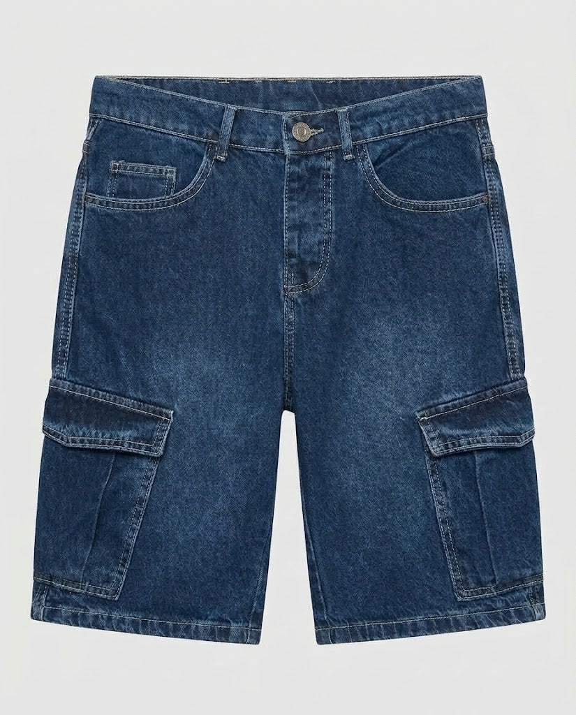 Blue Casual Denim Cargo Shorts