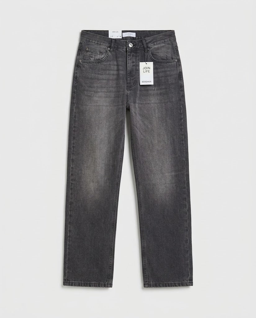 BERSHKA Men's WIDELEG Fit Washed Grey Denim Jeans