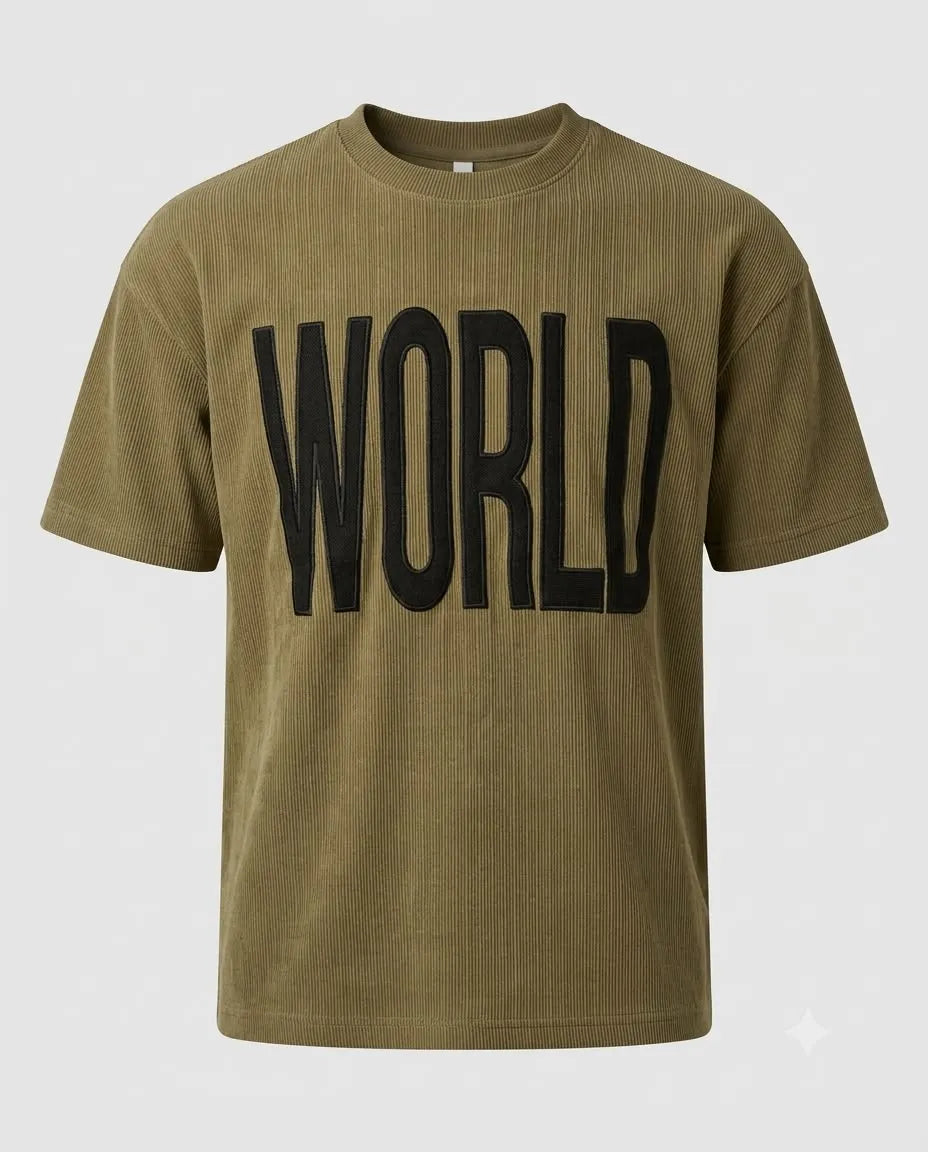 "WORLD" Textured Corduroy T-Shirt - Over Size