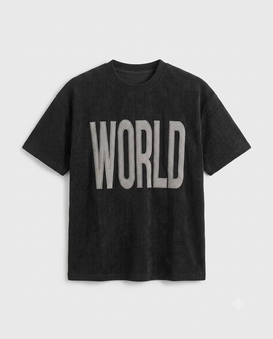 "WORLD" Textured Corduroy T-Shirt - Over Size
