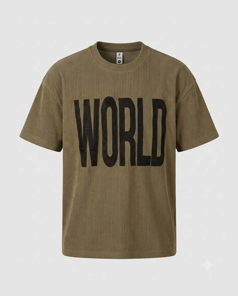 "WORLD" Textured Corduroy T-Shirt - Over Size